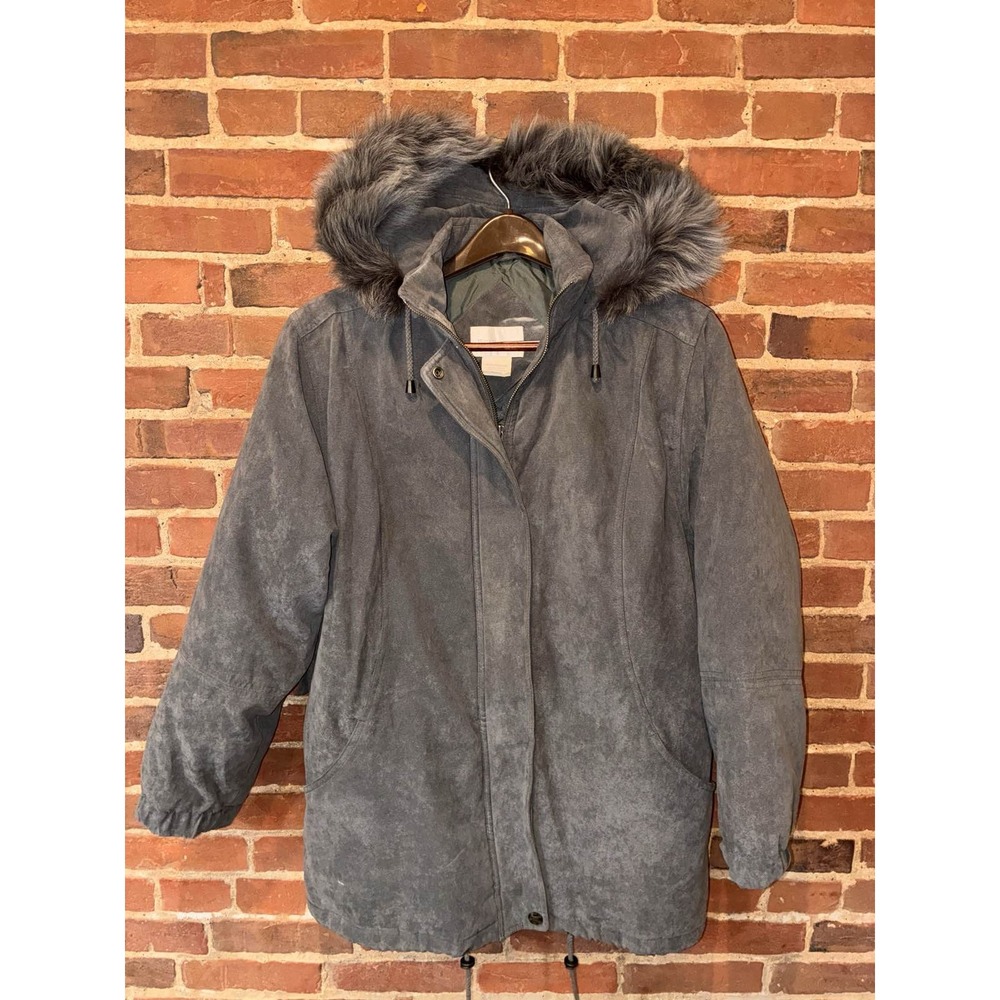 Worthington Womens Suede Fur Hooded Parka Gray Thermolite Insulated